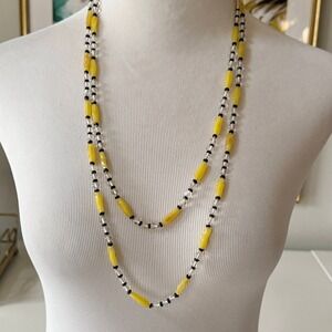 Vintage Art Deco Yellow Black Crystal Bead Long Necklace Flapper Czech Flapper